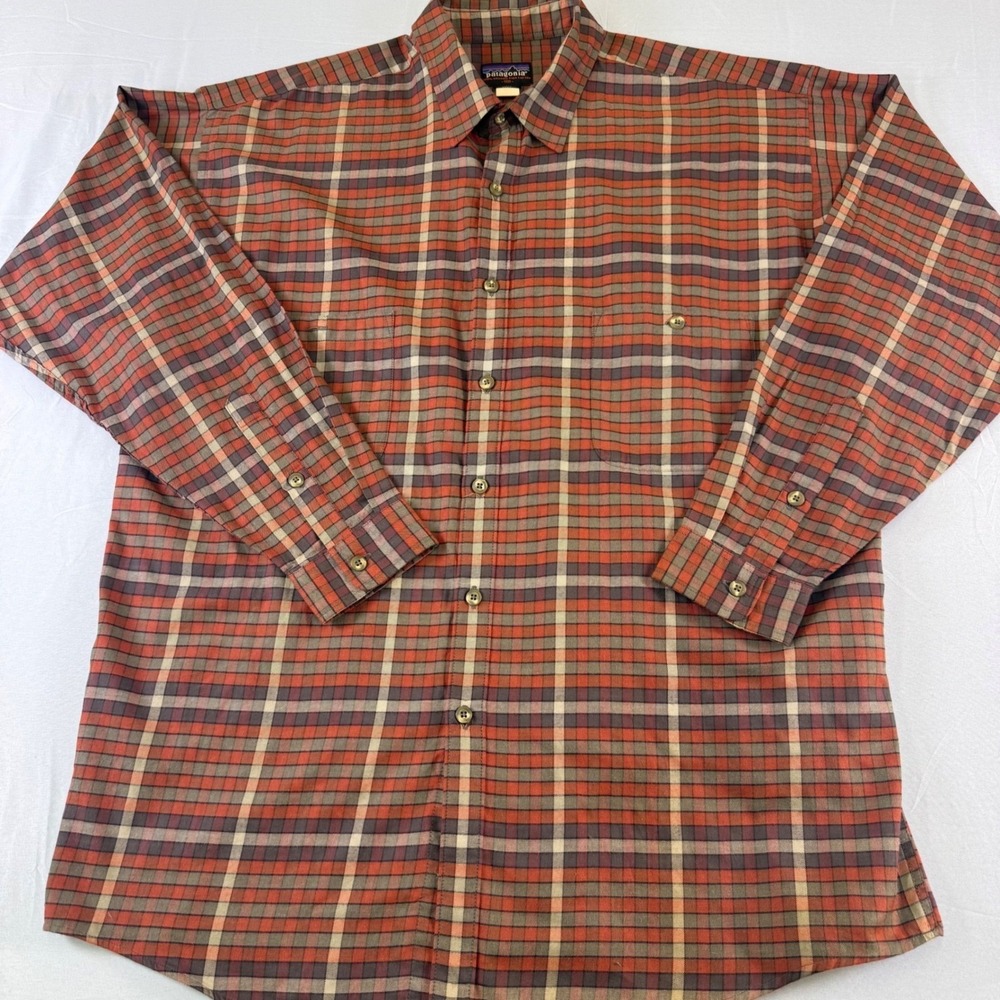 Patagonia Mens 1999 Organic Pima Cotton Plaid Button Down Shirt Rust Grey L